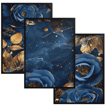 shumee Komplet 3 posterjev za steno dnevne sobe. Stenska dekoracija: zlate in mornarsko modre rože.