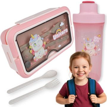 shumee Škatla za malico, škatla za malico, škatla za malico, šolska malica + jedilni pribor, steklenica za vodo, roza sedeči samorog