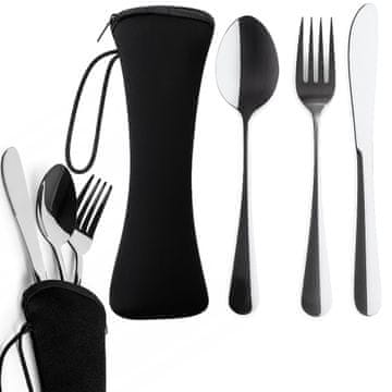 shumee Potovalni komplet jedilnega pribora, nož, vilice, žlica, jeklo, v etuiju, 4-v-1 komplet, črne barve