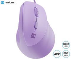 Natec CRAKE 2 PRO vertikalna žična miška, 12800DPI, 6 gumbov, tiha stikala, RGB LED, vijolična