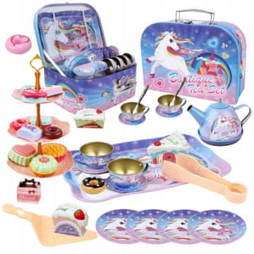 shumee Kovinski čajni set: vrč, skodelice, pladenj, sladkarije, kovček