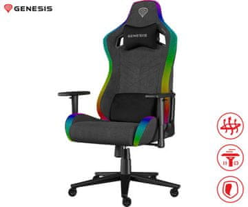 Genesis TRIT 660 RGB gaming / pisarniški stol, ergonomski, nastavljiva višina / naklon, 2D nasloni za roke, RGB LED osvetlitev, do 150kg, siv