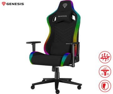 Genesis TRIT 660 RGB gaming / pisarniški stol, ergonomski, nastavljiva višina / naklon, 2D nasloni za roke, RGB LED osvetlitev, do 150kg, črn