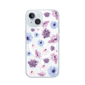 shumee Ovitek za iPhone 15 z MagSafe, prozoren, fleksibilen silikonski ovitek, moder, vijolične rože