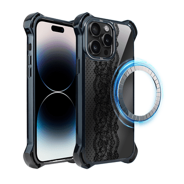 shumee Ovitek za iPhone 14 Pro IBIZU DropGuard Ultra z MagSafe, polnočen, okrasna čipka