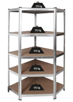 shumee Kotna kovinska polica Zeus - 5 polic, pocinkana, visoka nosilnost 875 kg, kotna, prostorna