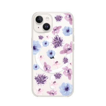 shumee Ovitek za iPhone 14 Plus z MagSafe, prozoren, fleksibilen silikonski ovitek, moder, vijolične rože