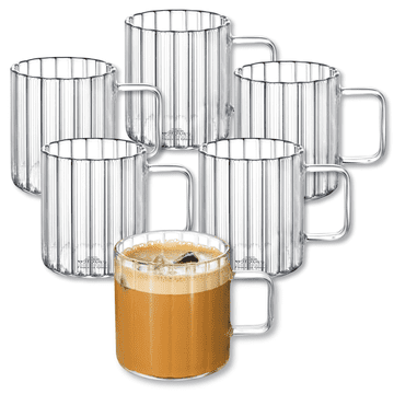 shumee Wilmax termo kozarci z ročajem - komplet 6 kosov - 300 ml - kozarci iz reliefnega stekla za vodo, čaj, kavo - skodelice za tople in hladne napitke