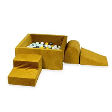 shumee Penasto igrišče s kvadratnim bazenom 90x90x40 Velvet gold + 400 žog: rumena, svetlo mint, kovinski grafit, bela