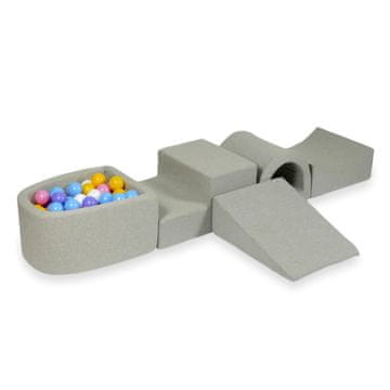 shumee Penasto igrišče z mostom in mikro bazenom, svetlo sivo + 100 žog: svetlo modra, rumena, heather, pudrasto roza, bela