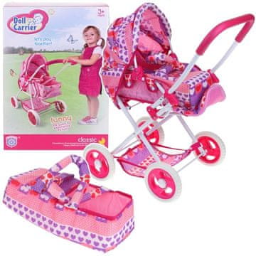 shumee Otroški voziček za punčke, globok voziček, gondola, nosilka, 3 v 1, zložljiva streha