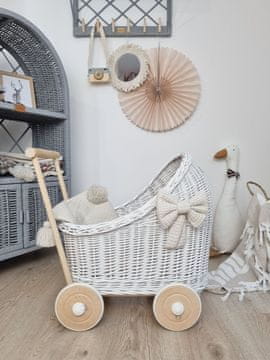 shumee Bel pleten voziček za punčke s posteljnino - lesen