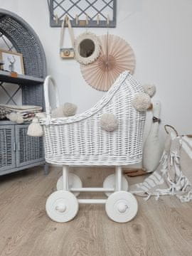 shumee Visok bel pleten voziček za punčke s cofki in posteljnino - bel