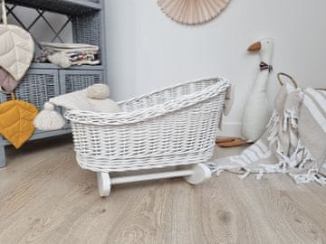 shumee Bela pletena zibelka za punčke s posteljnino - bela