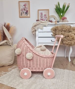 shumee Pleten voziček za punčke, umazano roza, s cofki in posteljnino - umazano roza