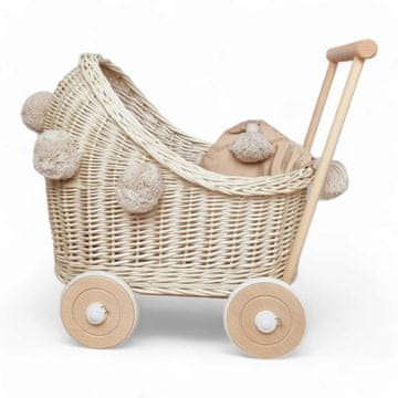 shumee Voziček za punčke iz pletenega ekru barve s cofki in posteljnino - lesen