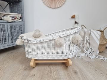 shumee Bela pletena zibelka za punčke s cofki in posteljnino - lesena