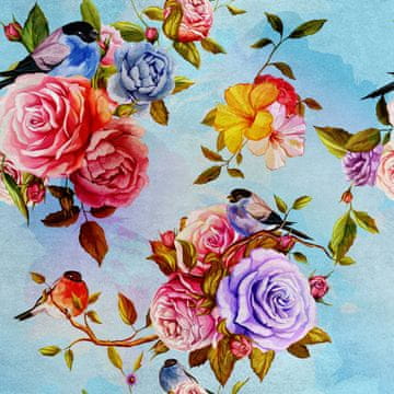 shumee Kraljevski žametni material iz poliestra za šivanje - motiv rož in ptic na modri podlagi
