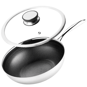 shumee Profesionalna keramična ponev Kanso Wok 30 cm s pokrovom, satjasta, indukcija, plinska, nerjaveče jeklo