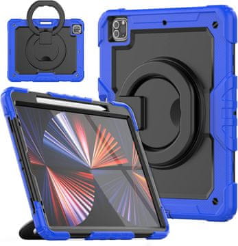 Nikcorp Vzdržljiv zaščitni ovitek za iPad Pro 12.9 (5. gen) z vrtljivim stojalom, ročajem in ramenskim pasom, moder