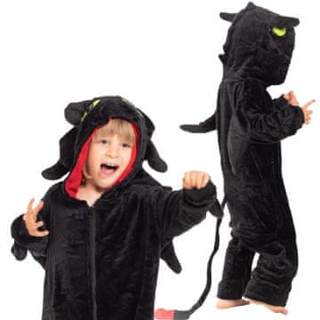 Nikcorp Otroška pižama Kigurumi Zmaj Brezzobi, enodelni kostum za otroke, črna, velikost 135-145 cm