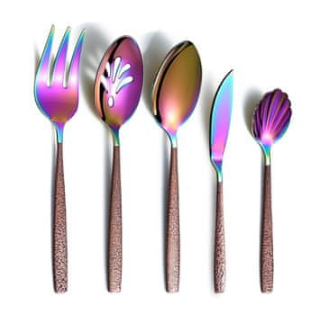 Nikcorp 5-delni set servirnega pribora iz nerjavečega jekla z rjavim ročajem in mavrično glavo za elegantno postrežbo