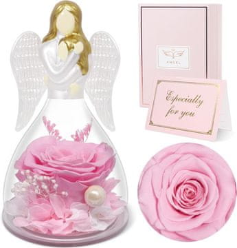 Nikcorp Figurica angela mati in hči z večno vrtnico v stekleni kupoli | Darilo za materinski dan, rojstni dan | Roza cvet
