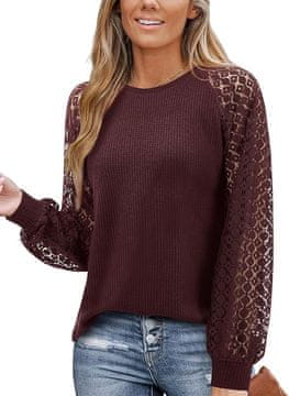 Nikcorp Elegantna ženska bluza s čipkastimi rokavi v vinsko rdeči barvi, udobna pletenina, velikost L, jesenska tunika