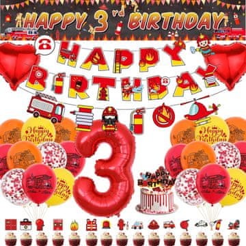 Nikcorp Komplet za rojstni dan gasilci za 3 leta | Dekoracija za zabavo z baloni, transparentom in okraski za torto za fante