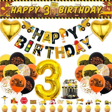 Nikcorp Set za rojstni dan gradbišče z baloni bager in transparentom za 3 leta | Dekoracija za fante, gradbena vozila