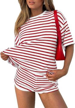 Nikcorp Ženska dvodelna trenirka s kratkimi rokavi in hlačami rdeča S | Poletni športni komplet s črtastim vzorcem za prosti čas