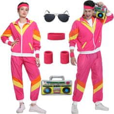 Nikcorp Kostum za pust retro trenirka iz 80. let z dodatki | Unisex pustna preobleka roza barve v velikosti XXL za tematske zabave