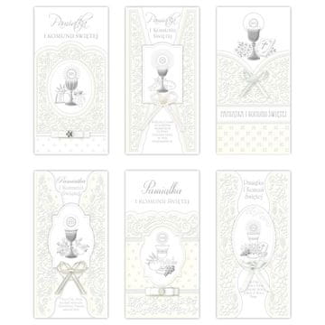 shumee Okrašena čestitka za prvo sveto obhajilo z belo pentljo in srebrnimi elementi