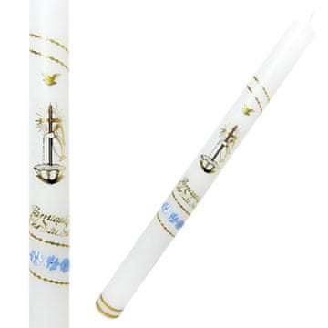 shumee Krstna sveča, bela, gladka, z zlatimi in modrimi okraski - križ