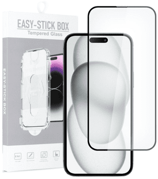 shumee Full Glue Easy-Stick Box kaljeno steklo za iPhone 15 Plus črna