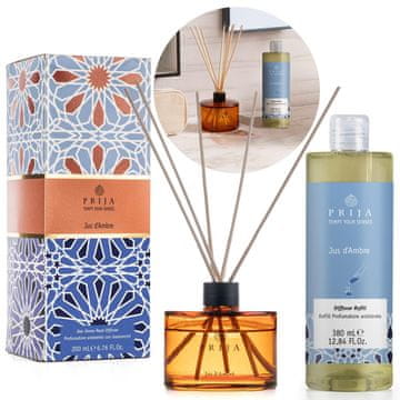 PRIJA PRIJA Jus d'Ambre Luksuzni set: aromatične dišavne palčke 200 ml + NAPOLNILO/REZERVNO 380 ml, TRAJNA PREMIUM dišava