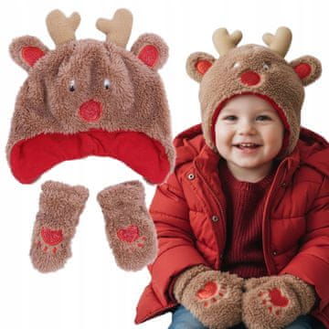 sarcia.eu Topla zimska garnitura za otroke, plišasta kapa + rokavice z motivom jelenčka