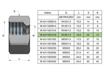 shumee Metrična hidravlična matica (M12L) M18x1,5 12L Waryński (naprodaj v paketih po 20)