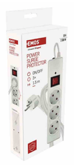 Emos P54213 prenapetostna zaščita, 3 vtičnice, 1,5 m, bela