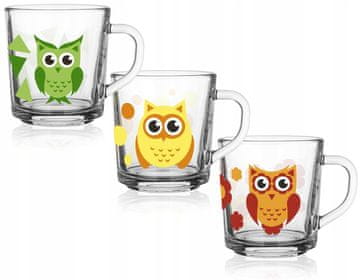shumee 3-DELNA STEKLENA VRČICA Z ROČAJEM 220ML SOVIČKI DEKOR ZA KAVNI KOMPOT TEBARY
