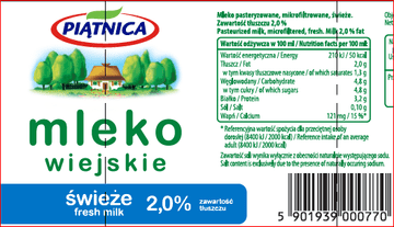 shumee Piątnica Podeželsko mleko STEKLENIČKA 2,0% 1l