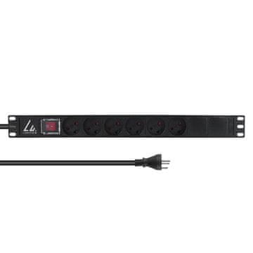 19" podaljšek, montaža v rack, 1U, 13A, 6 vtičnic tipa K, stikalo, 3 m kabel, LVR-3MDK-SW-DK6