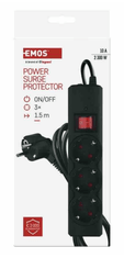 Emos P54214 prenapetostna zaščita – 3 vtičnice, 1,5 m, črna