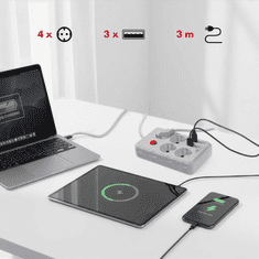 Maclean Razdelilec podaljšek MCE393W s 4 vtičnicami + 3xUSB, 3m, bel