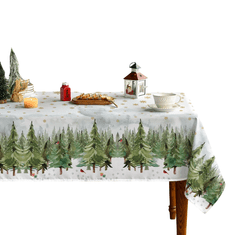 Nikcorp Božični namizni prt 100x140 cm bel z božičnimi drevesci in snežinkami, mehak in vzdržljiv za praznično dekoracijo mize