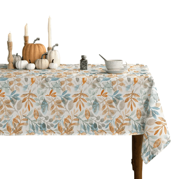 Nikcorp Pravokotni namizni prt 130x220 cm z vzorcem modrih in oranžnih listov, vodoodporen poliester za jedilno mizo in zabave