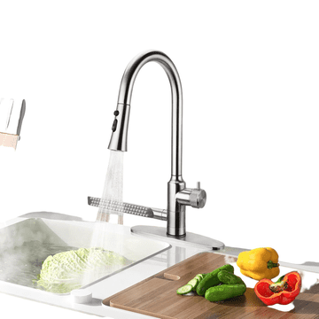 Nikcorp Kuhinjska armatura 4v1 z izvlečnim izlivom 360° in 4 načini pretoka, nerjaveče jeklo, enoročna pipa za pomivalno korito