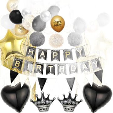 Nikcorp Komplet rojstnodnevne dekoracije črno-zlati, baloni, transparent Happy Birthday, zavesa z bleščicami za zabavo
