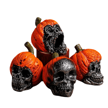 Nikcorp Dekoracija za noč čarovnic, strašljiva lobanja z bučo, 4 kosi, iz smole, za mizo, polico ali kamin, notranja in zunanja uporaba