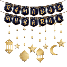 Nikcorp Komplet dekoracij za Ramadan in Eid Mubarak | 10-delni set zlato-črnih girland in transparentov za praznovanje